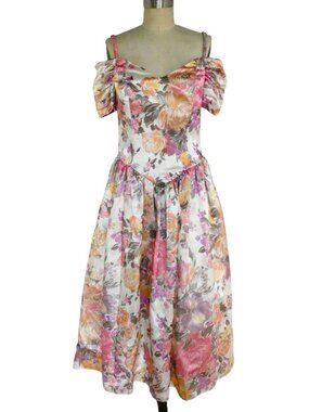 vtg 80s ALGO floral print satin dress sz 7/8 M